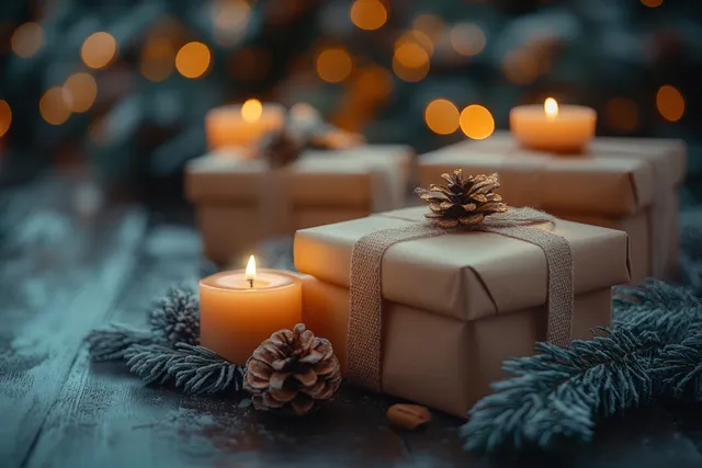 Christmas gift box with pinecone and candlelight on rustic table at night