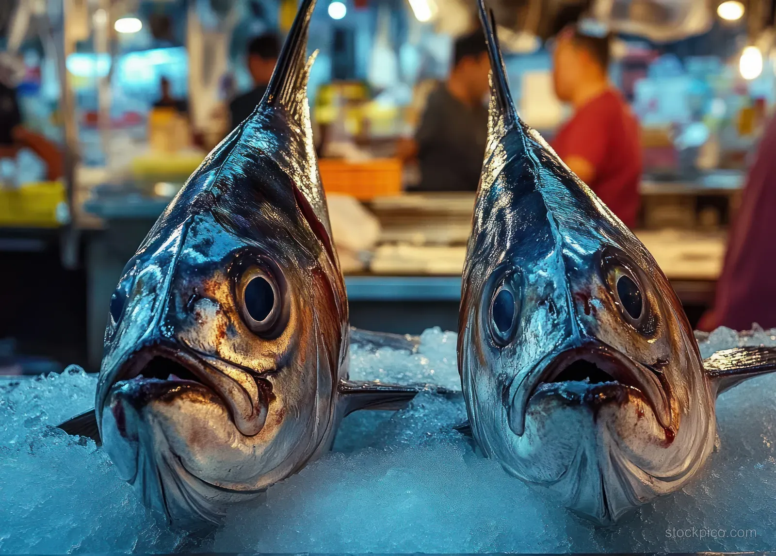 Two fresh fish heads lie on ice at a seafood market while shoppers blur in the background.