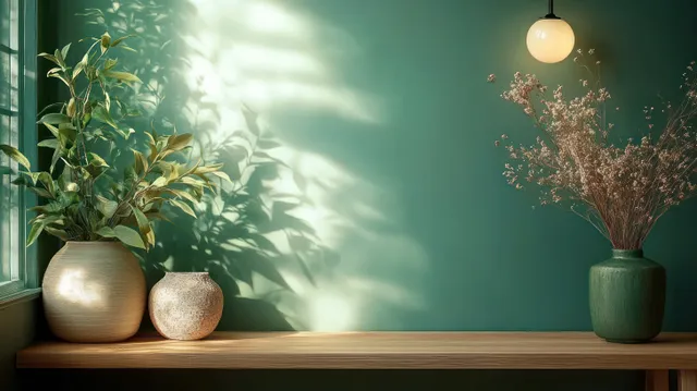 Green wall and wooden shelf with potted plants and dried stems, illuminated by sunbeams.