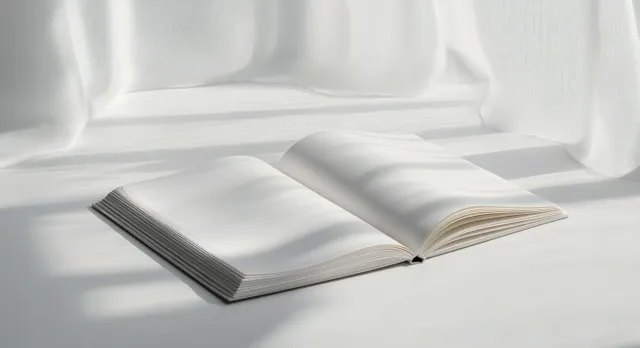 Open blank notebook on a white desk with soft sunlight and flowing curtain shadows