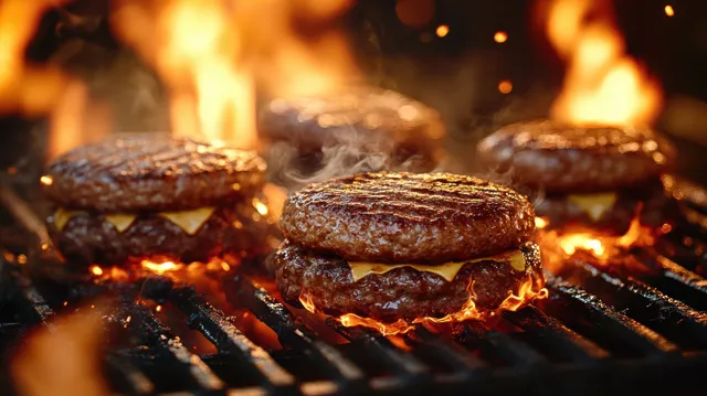 Beef burger patties sizzling on a charcoal grill with dancing flames and smoke in warm golden light.