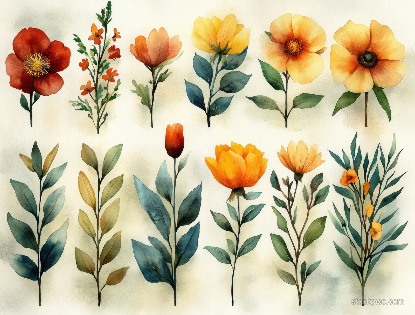 Watercolor illustration of assorted wildflowers, leaves, berries, ivy sprigs, and small mushrooms arranged on a light background.