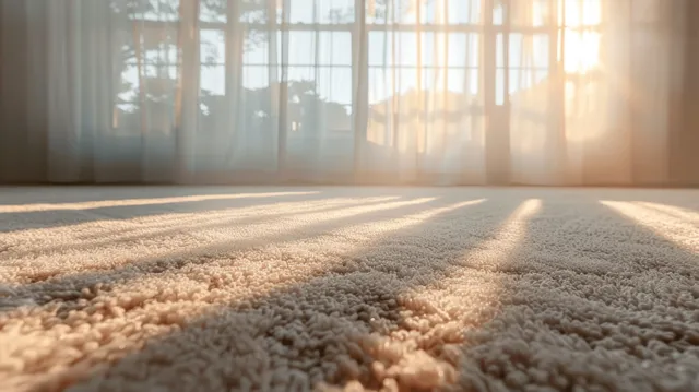 Cream carpet covers the empty room floor as sunlight pours in through large windows, revealing a soft textured pile.