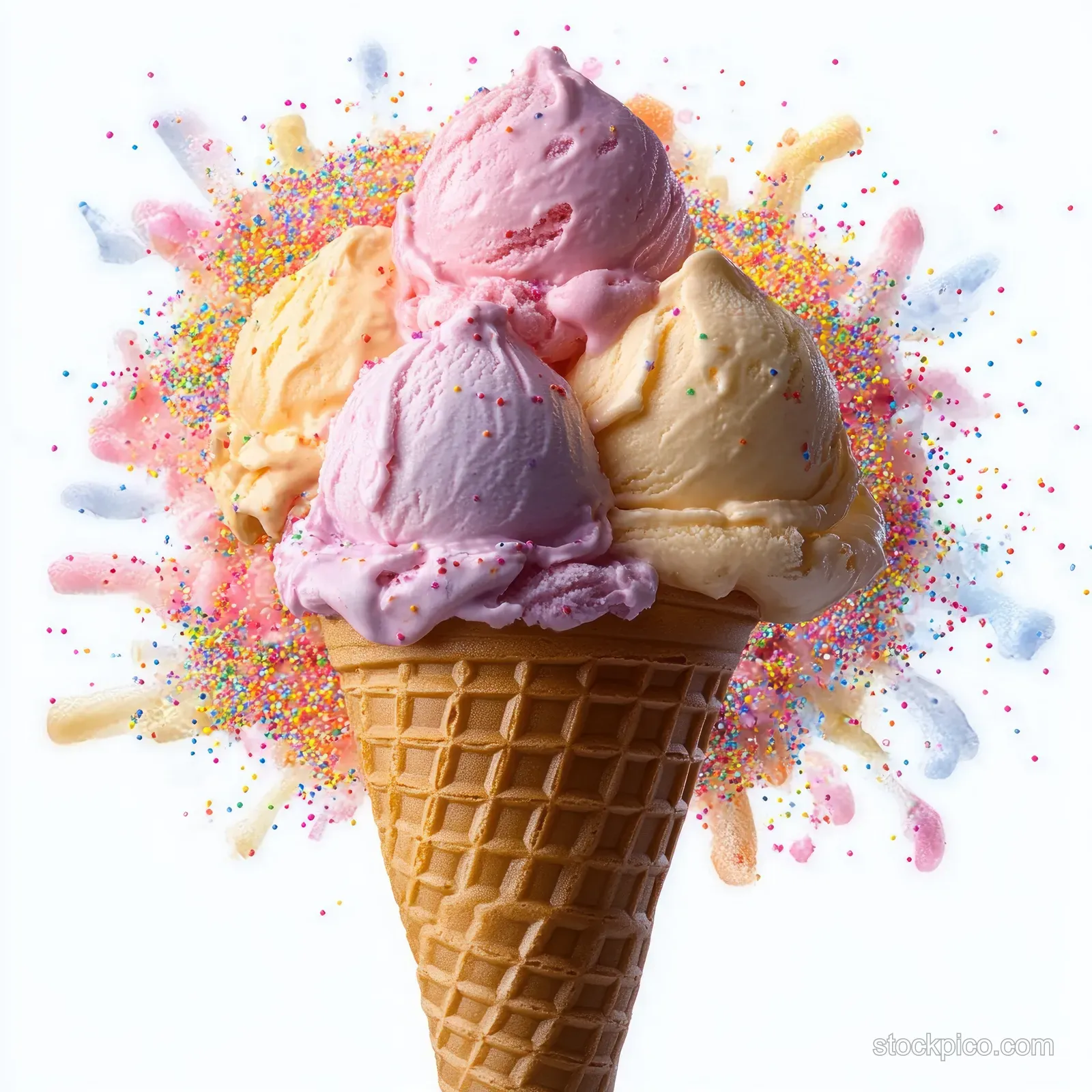 Three pastel ice cream scoops in a waffle cone with colorful sprinkles bursting outward on a white background.