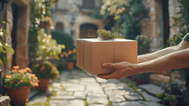 Hands hold a cardboard delivery box with greenery on a stone path in a sunlit courtyard.