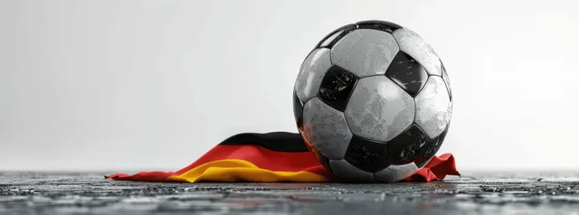 3D soccer ball resting on a German flag cloth on a clean white surface