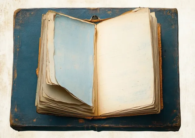 Two stacked worn books with faded blank pages sit on a surface, showing distressed blue covers.