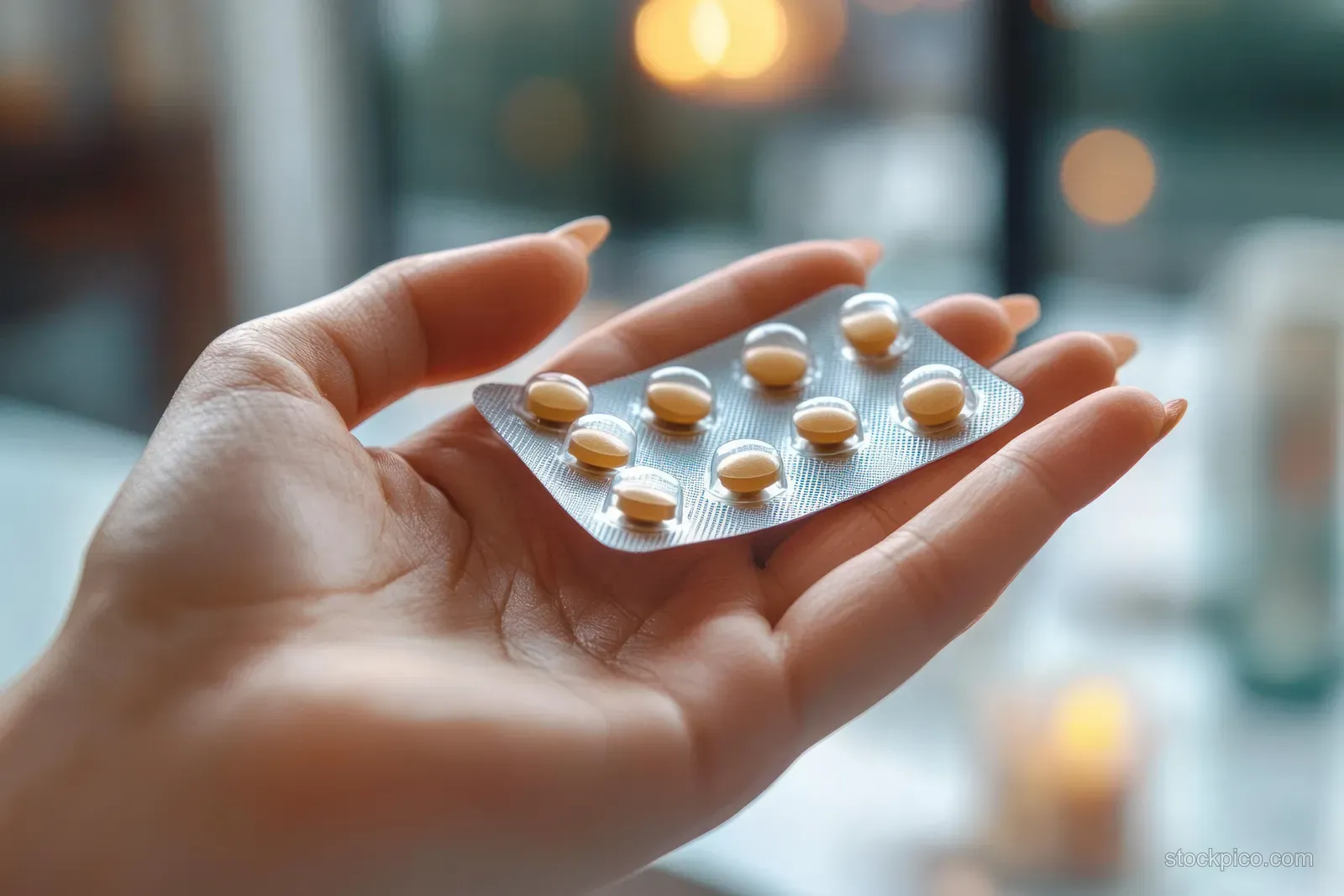 Hands hold a blister pack of small tablets at home with a blurred living-room background.