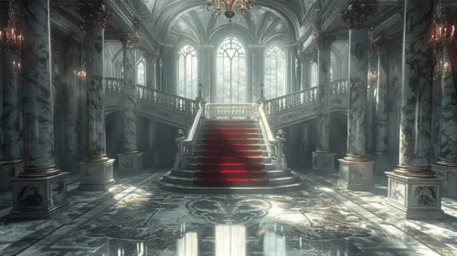 Gothic Castle Hall Interior with Arched Ceilings, Columns, and Red Velvet Carpet