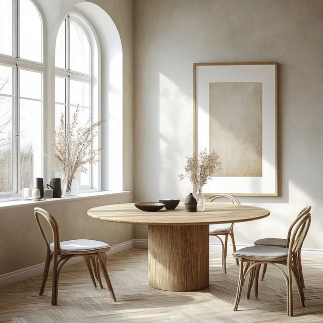 A round wooden dining table with four simple chairs sits in a bright Scandinavian room beside arched windows.