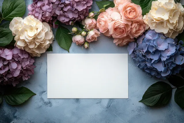 Pastel hydrangeas and roses frame a blank white card on a textured blue-gray background.