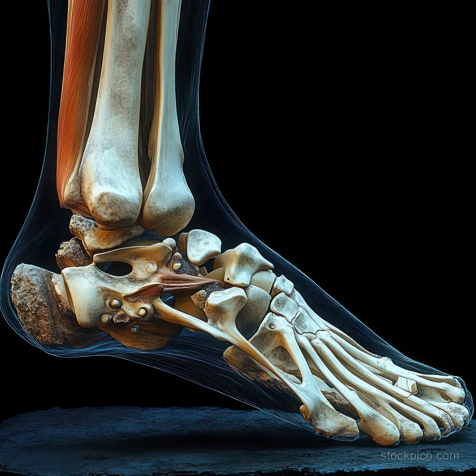 Surreal X-ray view of a human foot with visible heel, metatarsals, and toes glowing on a dark background.