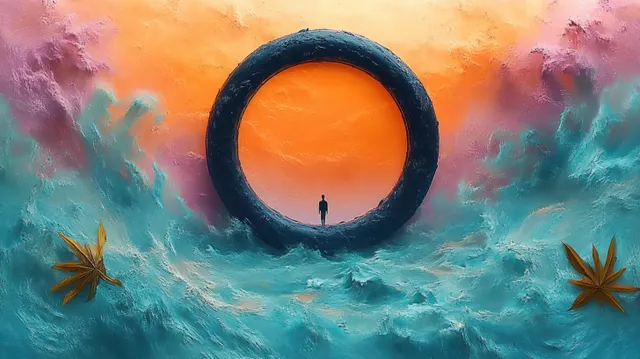 A lone silhouette stands inside a dark ring amid swirling blue and pink clouds over an orange sky with two floating orange leaves.