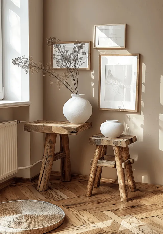 Scandinavian minimalist room with wooden frames, beige wall, and vase on stool