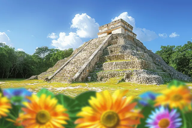 Mayan pyramid of Chichen Itza with stepped stone sides, greenery, and blue sky in the background.