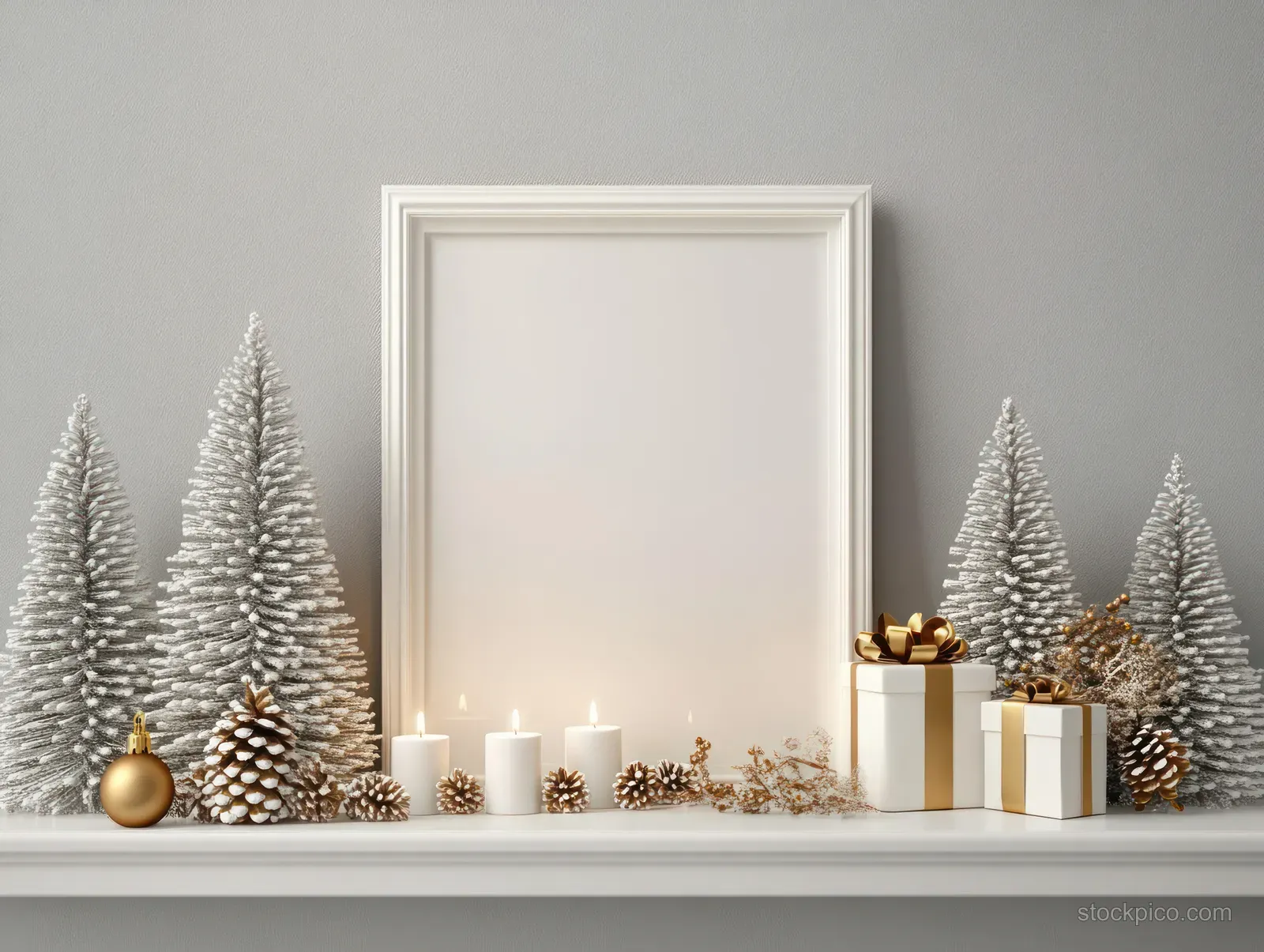 Minimal Scandinavian Christmas decor with lit candles, gift boxes, and a blank wall picture frame above a shelf.