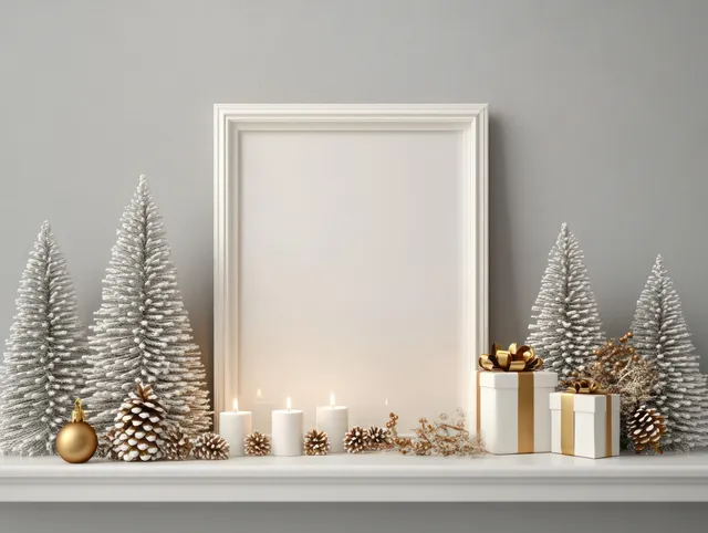 Scandinavian Christmas living room scene with lit candles, gift boxes, and blank wall frame