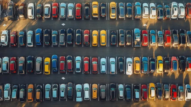 Aerial view of tightly parked cars in marked rows under golden sunlight and long shadows