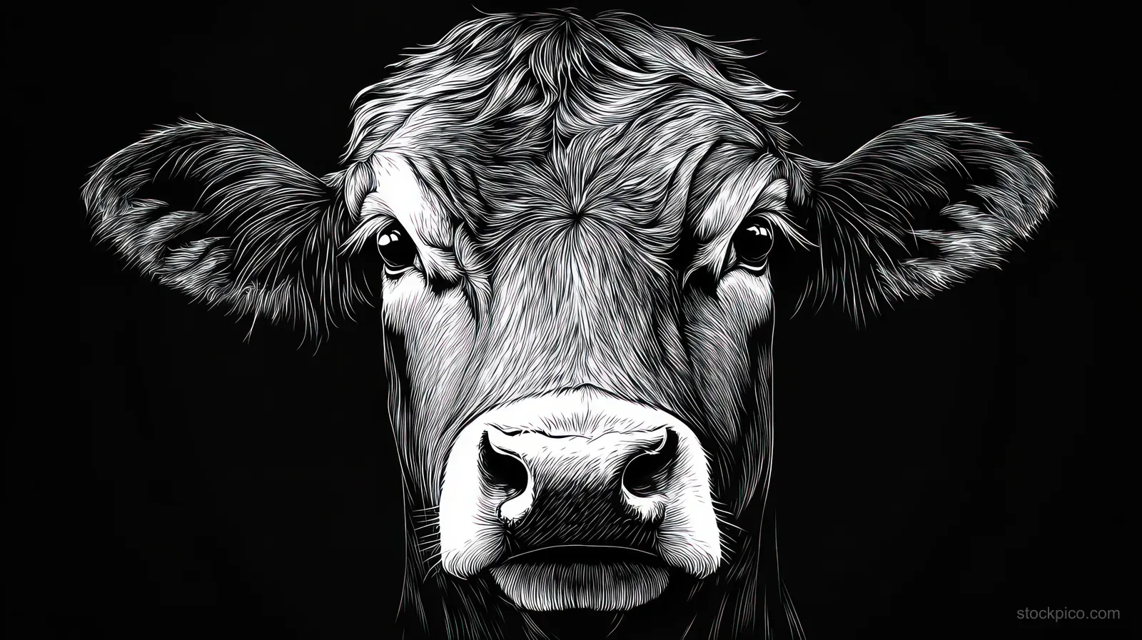 Black and white cow face close-up illustration with textured fur and wide expressive eyes on a dark background.