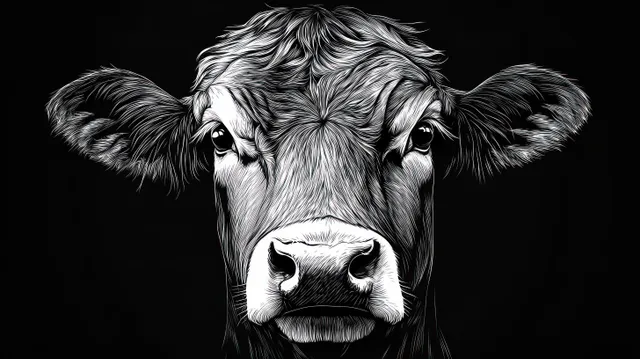 Black and white cow face close-up illustration with textured fur and wide expressive eyes on a dark background.