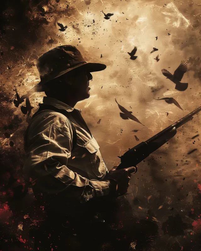 Silhouetted shotgun trap shooter aiming at flying clay pigeons amid an explosive dust burst.