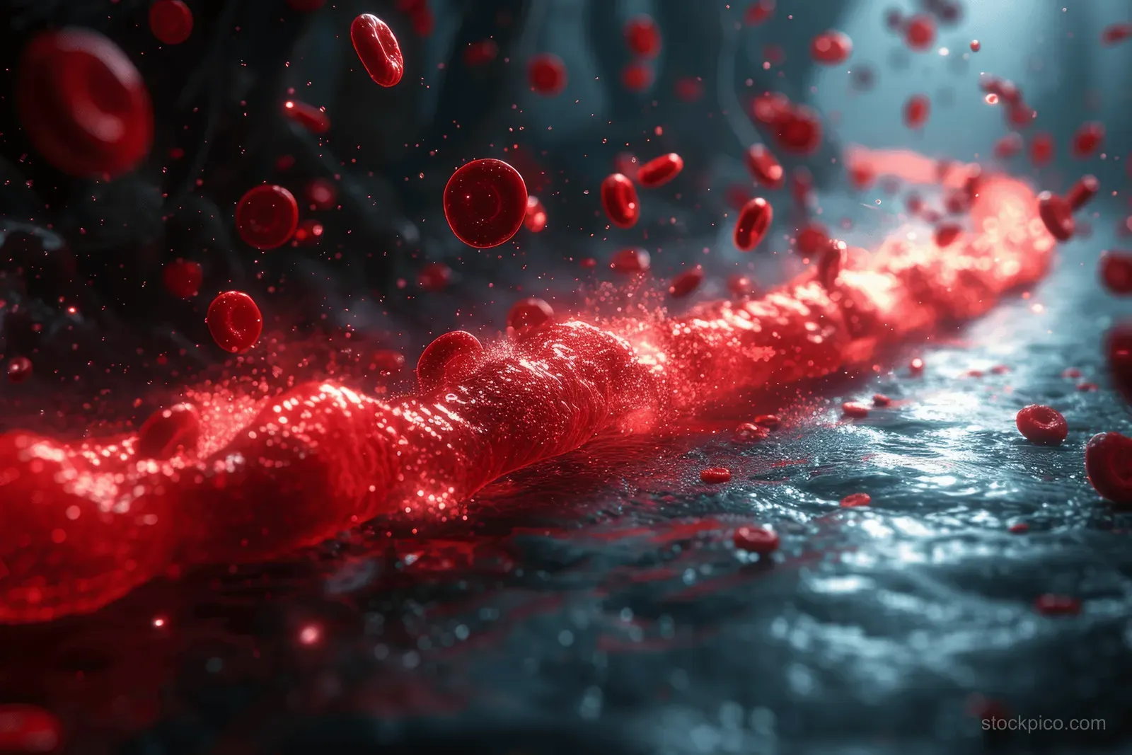 Red blood cells flow through a glowing vein in a dark microscopic medical illustration with floating particles.