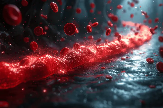 Red blood cells flow through a glowing vein in a dark microscopic medical illustration with floating particles.