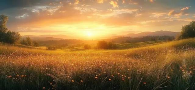 Golden sunset over wildflower meadow, tall grasses, distant hills, and soft sun rays