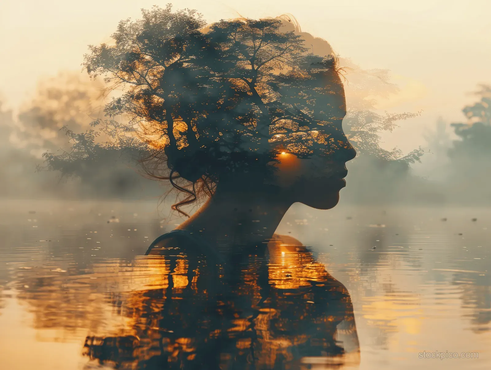 A meditating woman double exposure blends tree foliage and a sunset glow reflected on water.