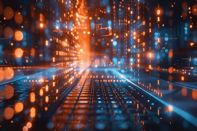 Futuristic AI data hologram projecting through a cyber network tunnel of glowing code