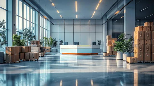Hospital reception lobby with a front desk, chairs, potted plants, and large windows with daylight.