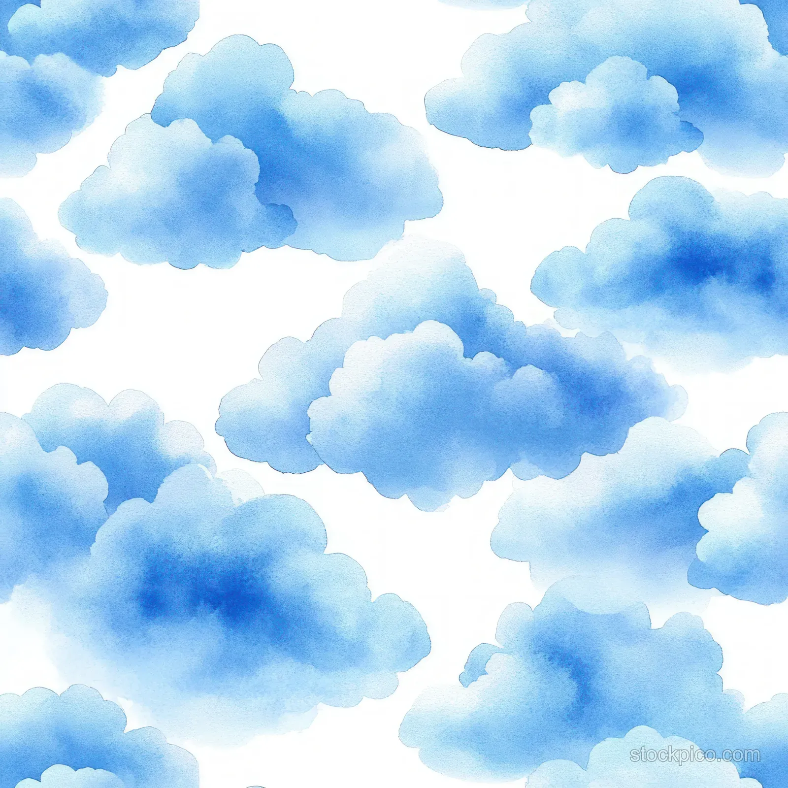 Seamless watercolor pattern of fluffy light blue clouds on a white background.