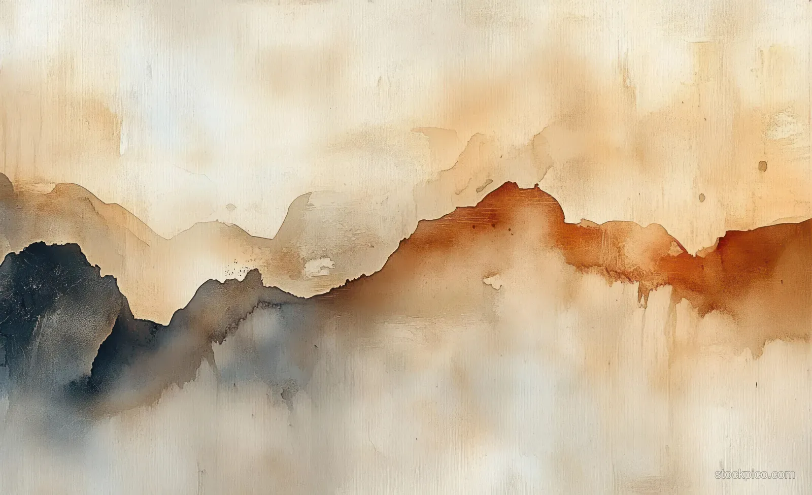 Abstract watercolor mountains fade into foggy mist with warm earthy brown, beige, and gray gradient washes.
