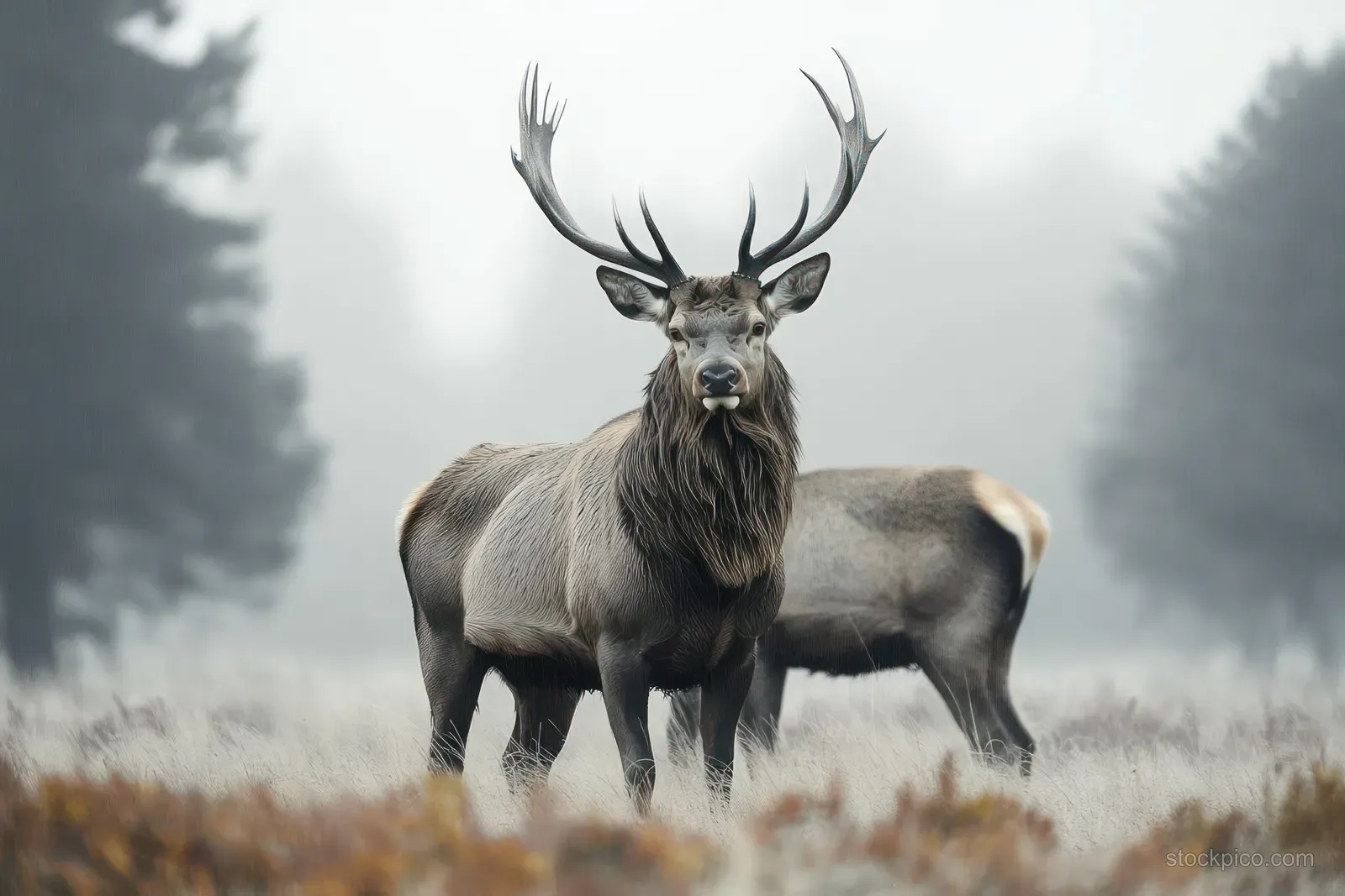 Two elk stand in a misty forest clearing, one facing the camera with large antlers.