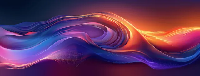 Neon wave ribbons with blue, purple, and orange glow ripple across a dark abstract gradient background.