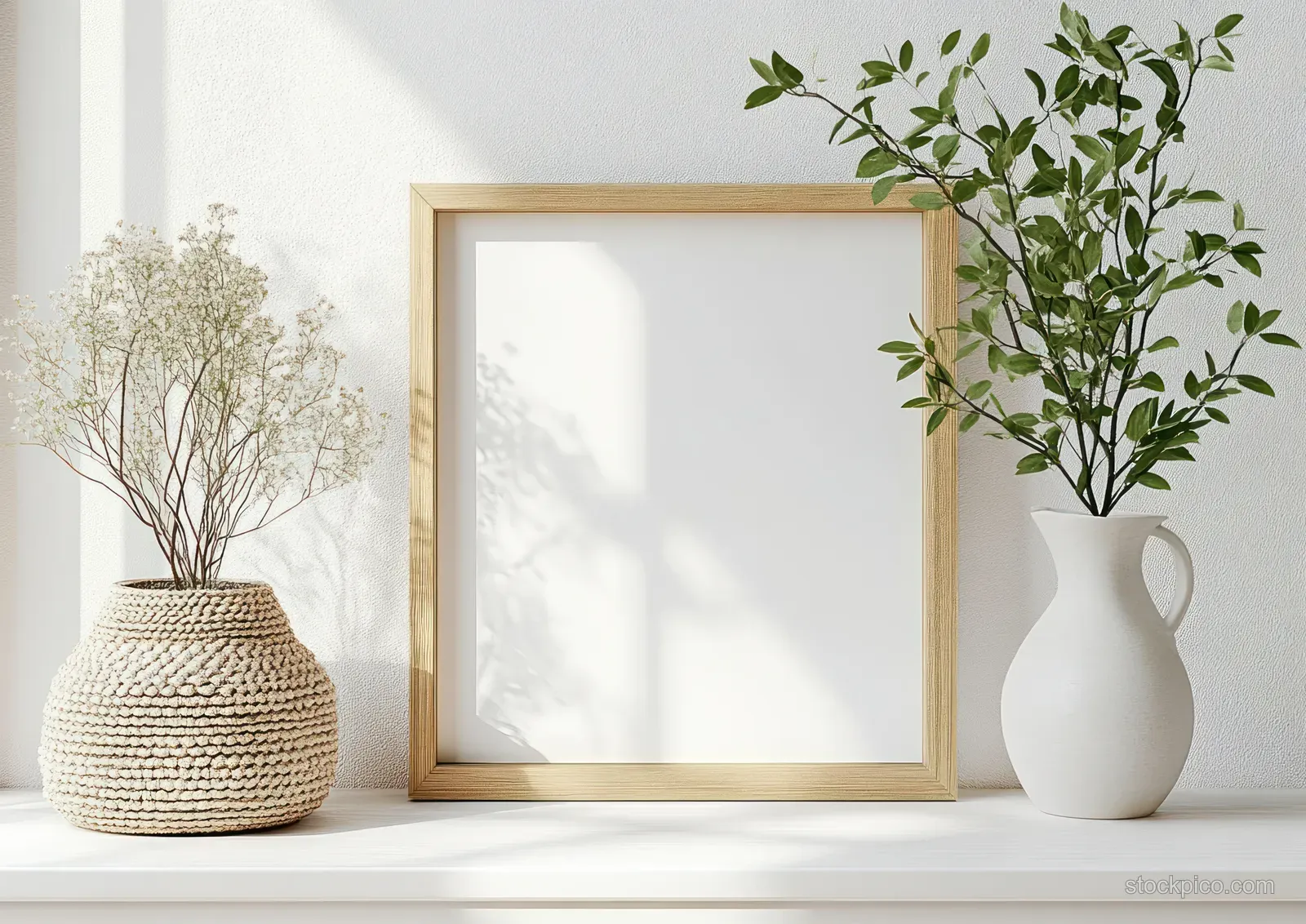 A square picture frame and potted plants sit on a white shelf in soft natural daylight.