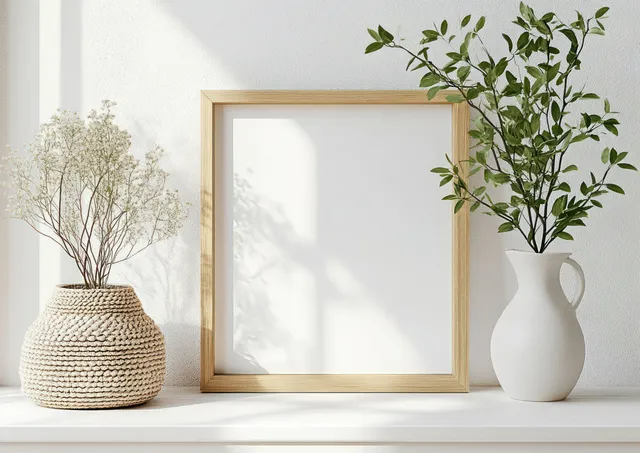 Minimalist interior with framed picture, potted plant, and white shelf in soft daylight