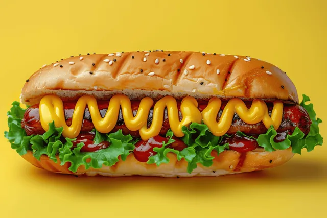 Hot dog with mustard and sesame bun, top view on bold yellow minimalist background
