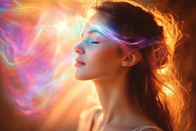 Young woman in side profile with closed eyes, glowing colorful light waves around her