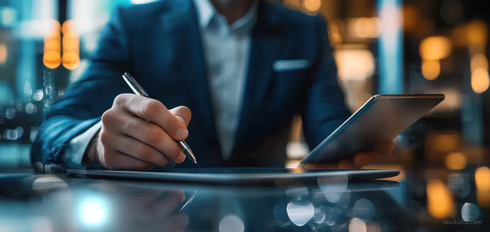 Businessman writes notes with stylus on a tablet at a desk while laptop and bokeh lights blur behind.