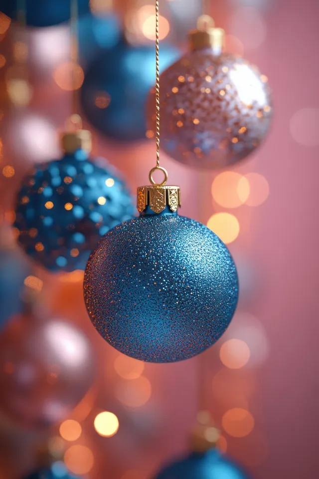 Blue and gold Christmas ornaments hang in front of glowing bokeh lights on a festive winter background.