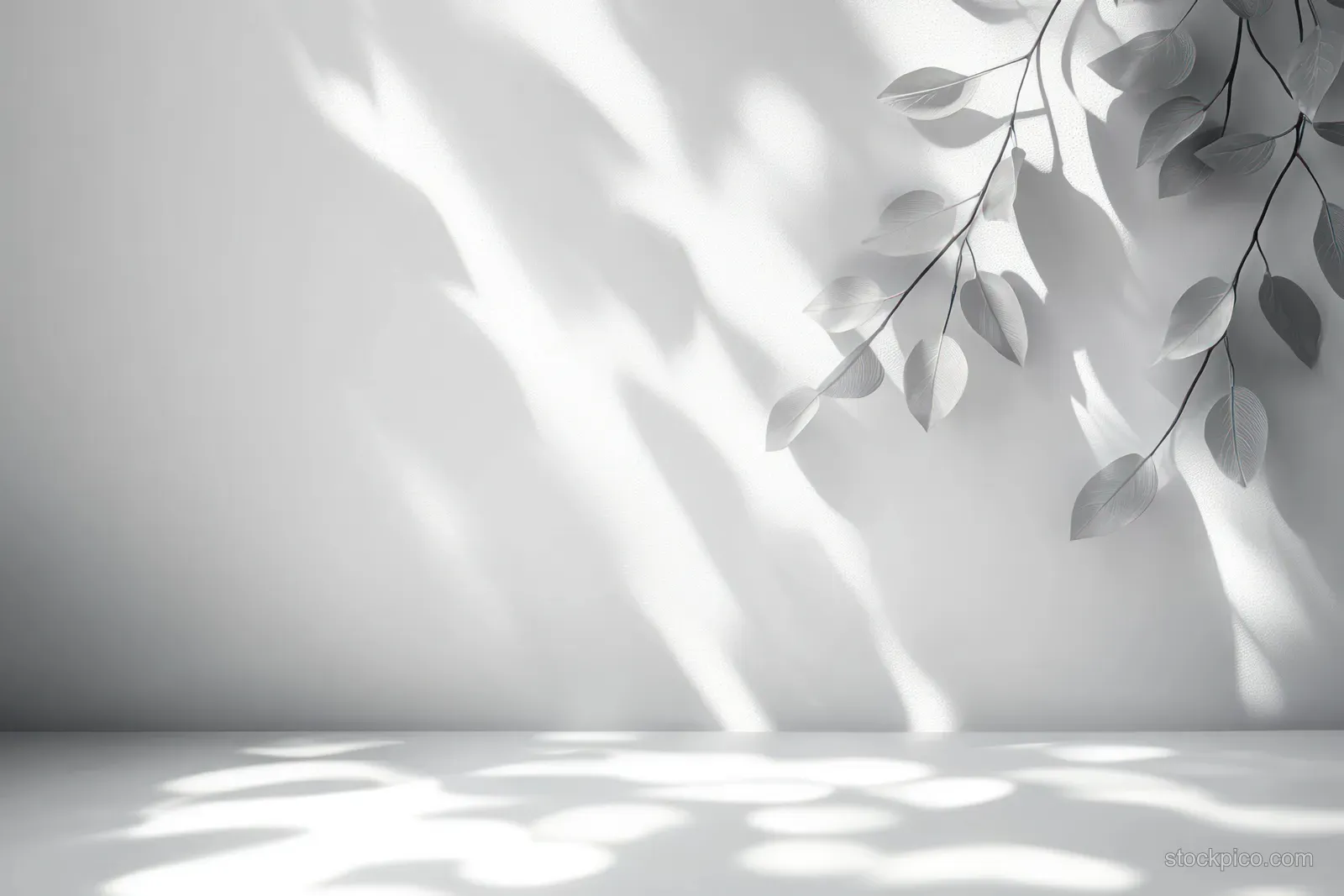 Leaf branches cast soft shadows on a white interior wall under gentle sunlight.