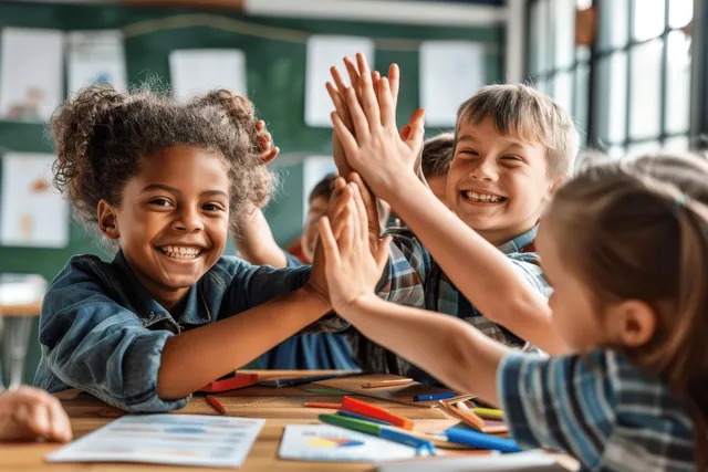 A teacher and children high-five across desks in a bright classroom with art supplies visible.