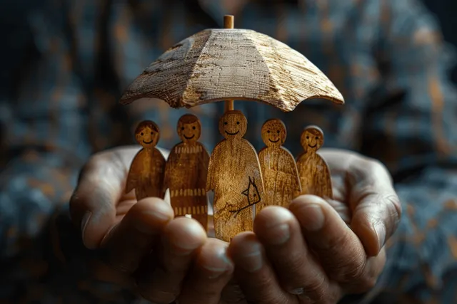 A pair of hands holds a small wooden family under a dome umbrella shelter against a dark blurred background.