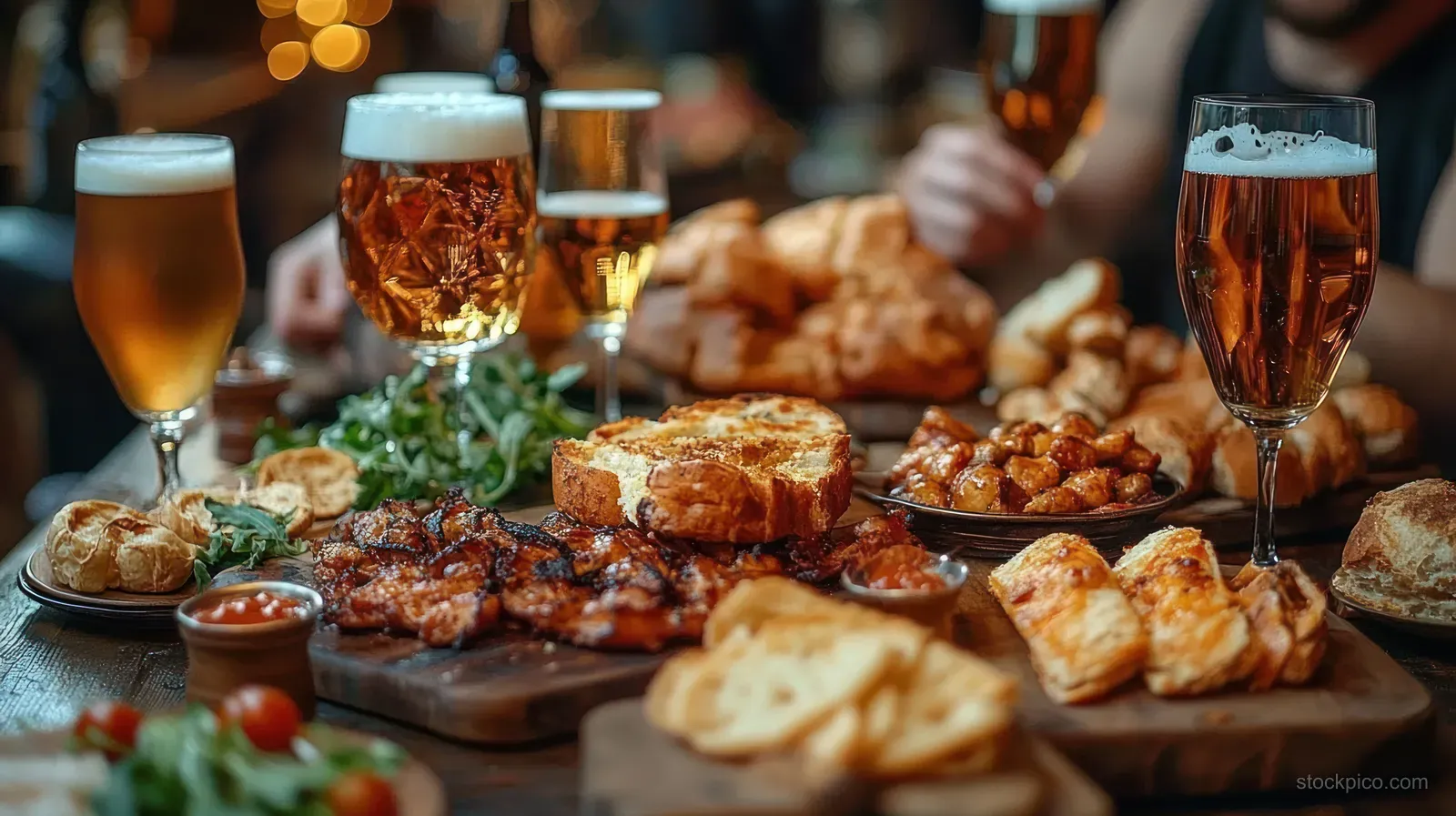 Wooden dining table filled with grilled meats, pastries, fresh greens, and tall glasses of amber beer.