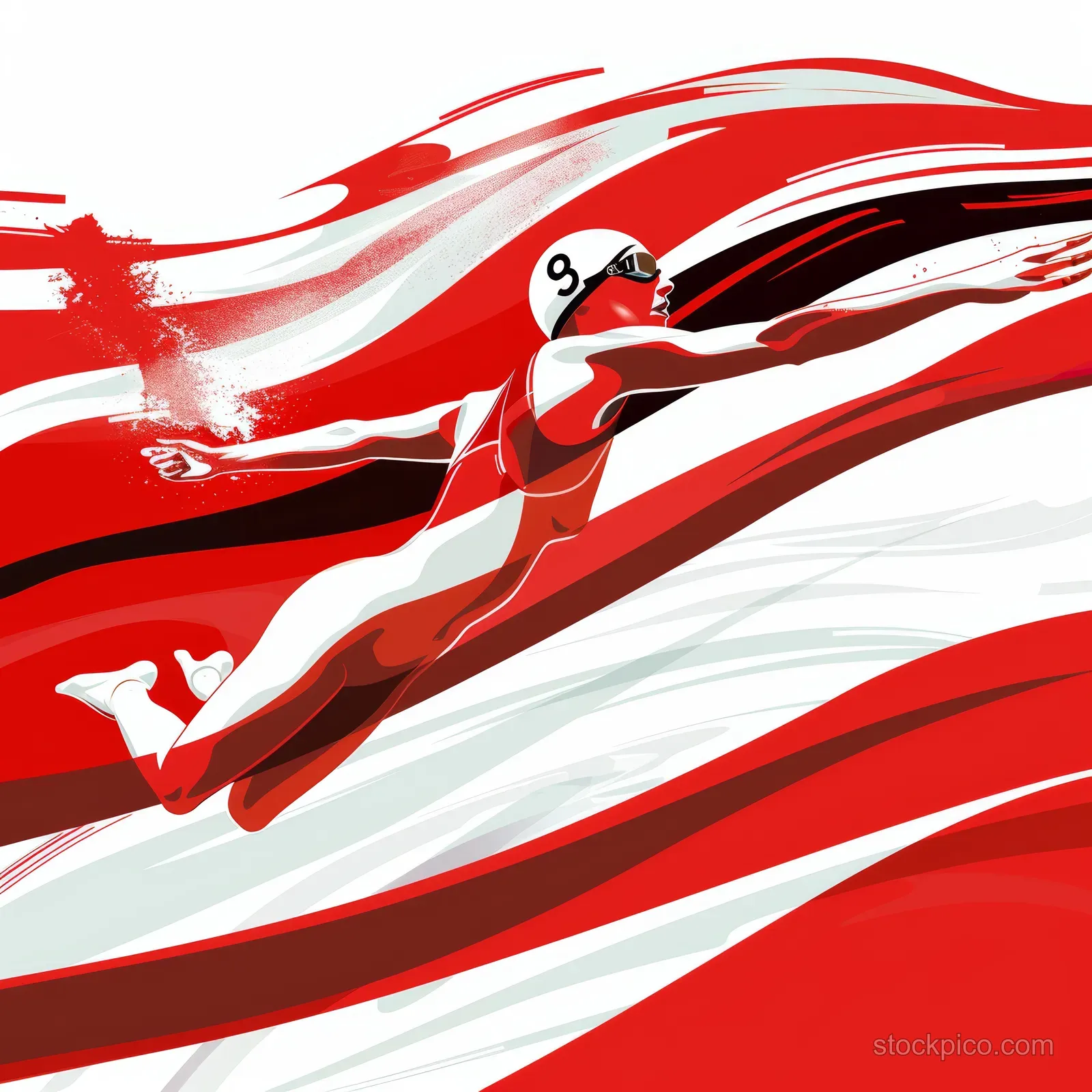 A stylized female backstroke swimmer stretches across red and white wave ribbons resembling Canadian flag colors.