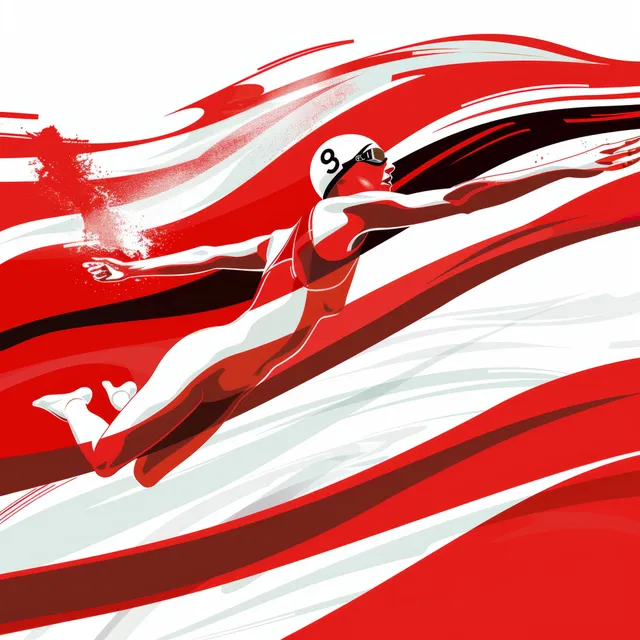A stylized female backstroke swimmer stretches across red and white wave ribbons resembling Canadian flag colors.