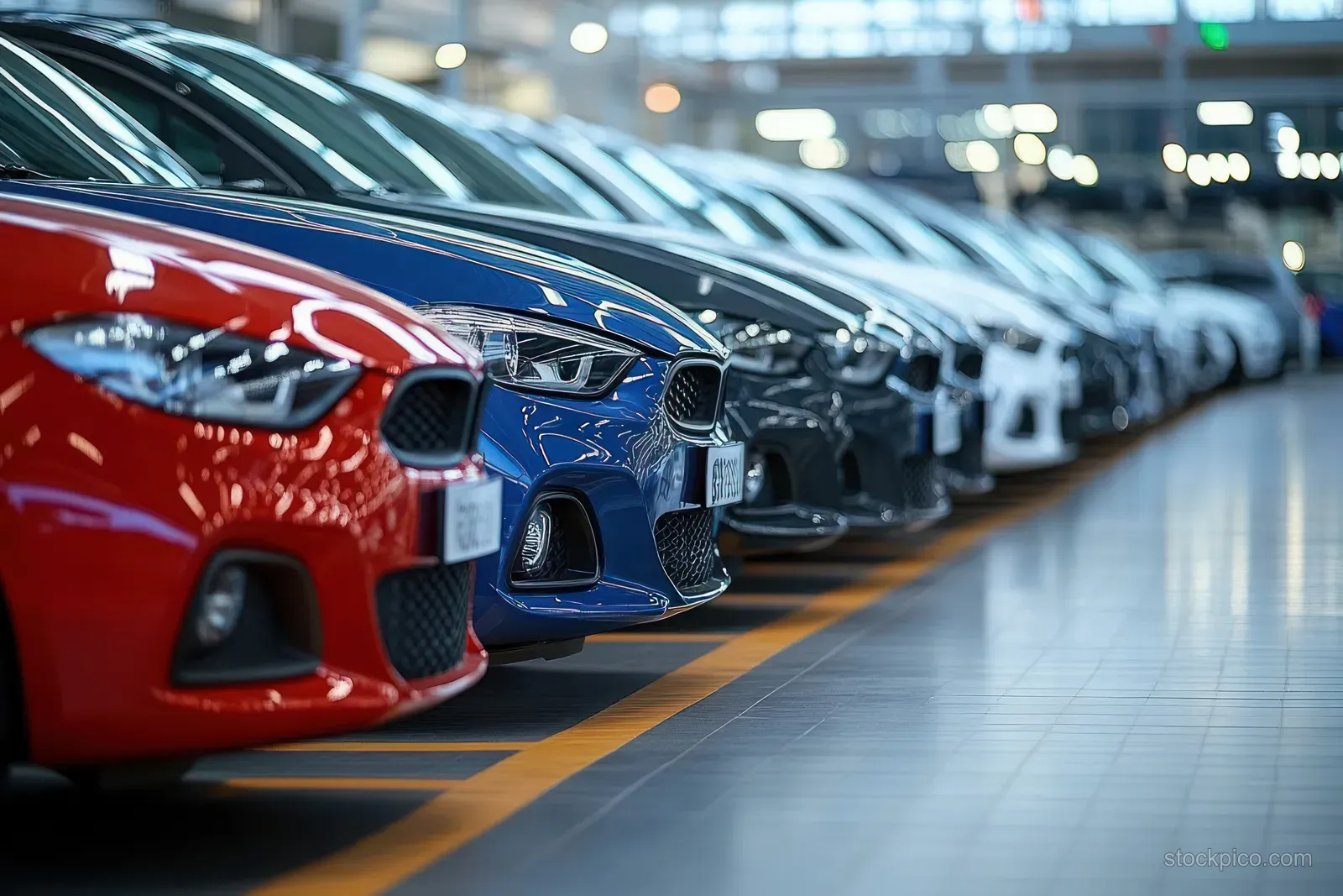 A row of new cars in different colors parked indoors with bright lights and reflective polished floor.