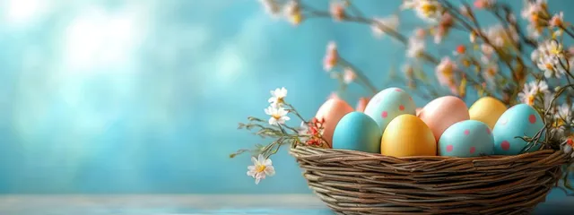 Pastel Easter eggs with painted patterns in a wicker basket beside blooming branches on a soft blue background.