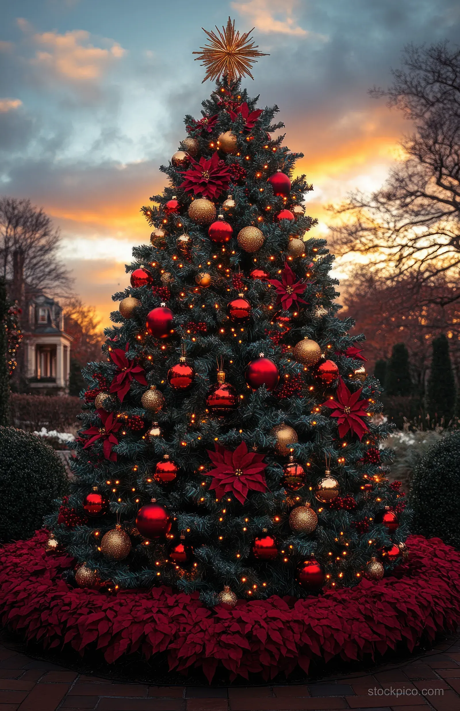 A glowing Christmas tree with red and gold ornaments stands in a city square at twilight.